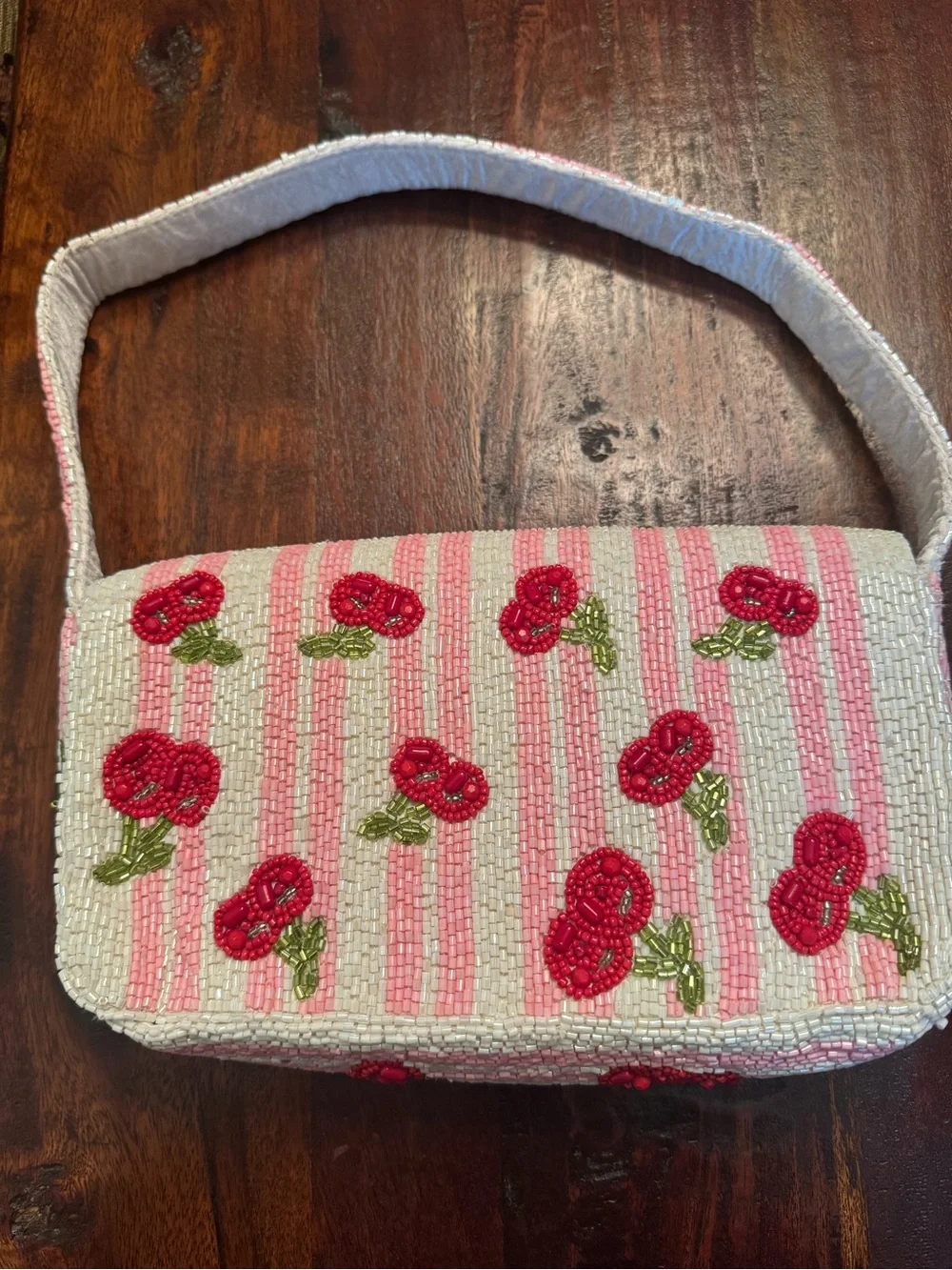 Viral Beaded Cherry Stripe Shoulder Bag in Pink and White - Picture 2 of 7